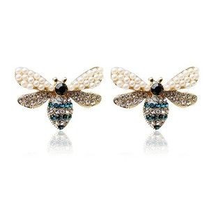 BEE Stud Earrings Pave Rhinestone and Pearl Bead Gold tone NEW! 1142